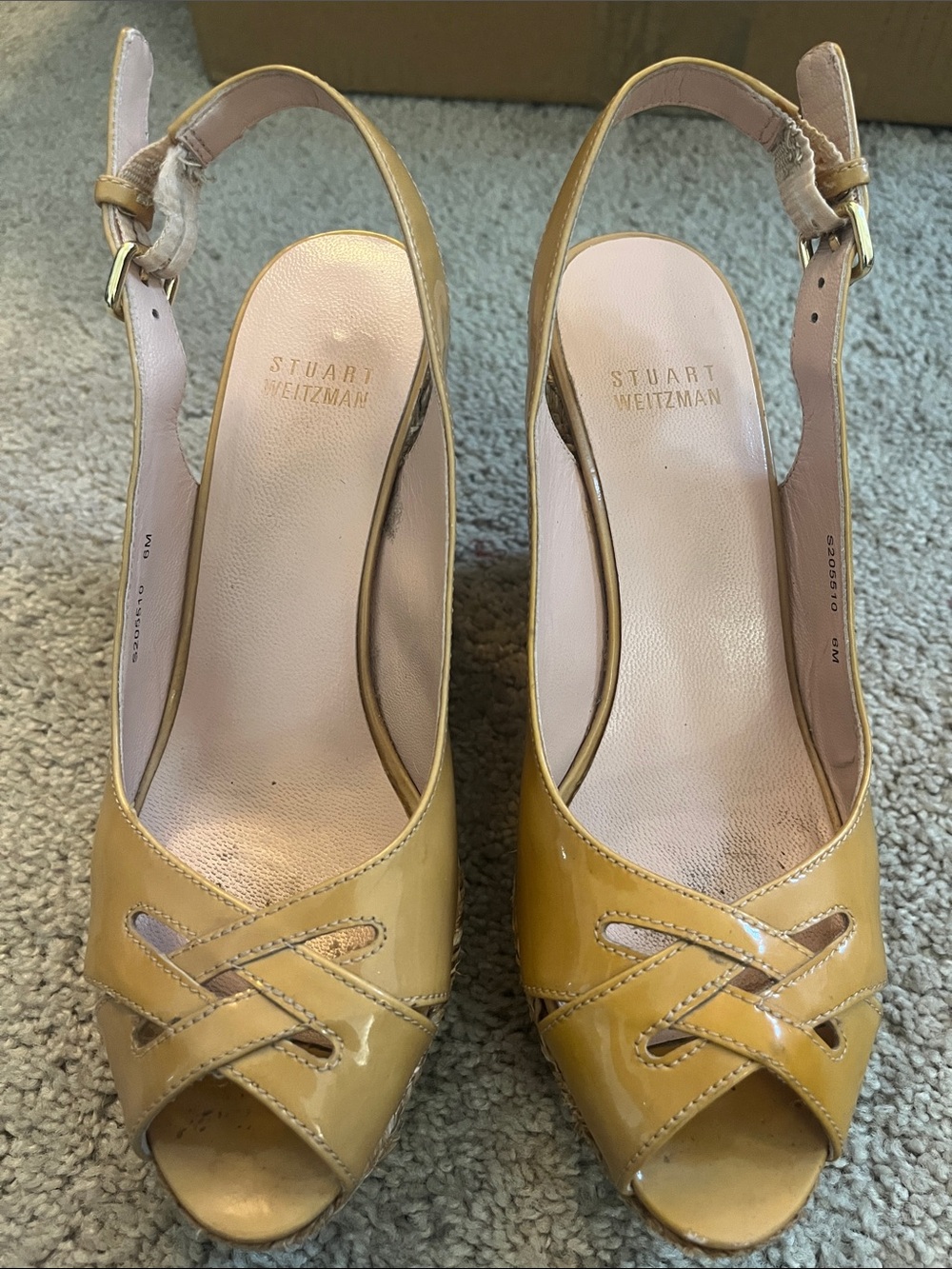 Stuart Weitzman Yellow Patent Slingback Peep-Toe Heels